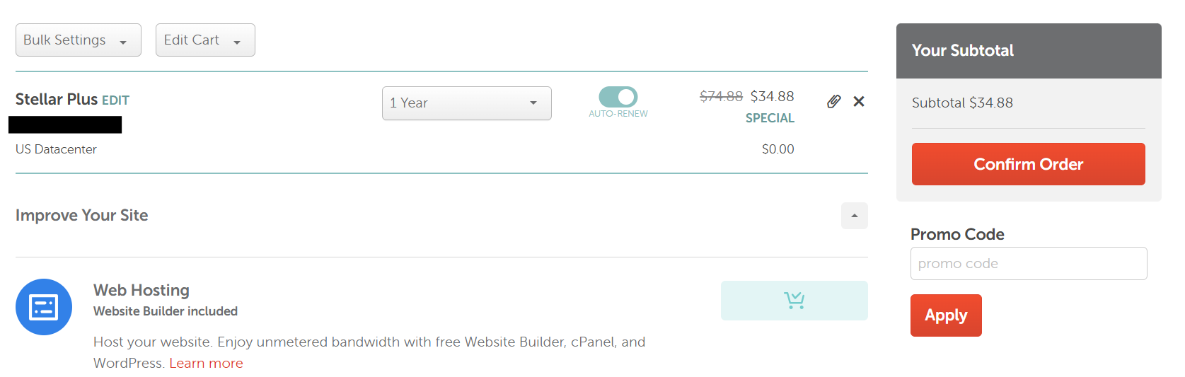 screenshot of the Namecheap cart