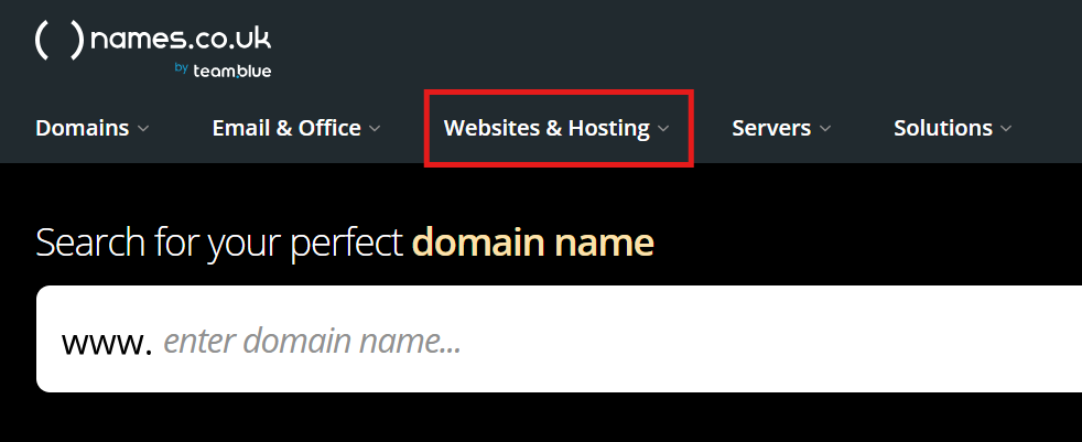 screenshot of Names.co.uk website with the 'Websites & Hosting' button highlighted