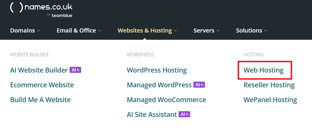 screenshot of Names.co.uk website with the 'Web Hosting' button highlighted