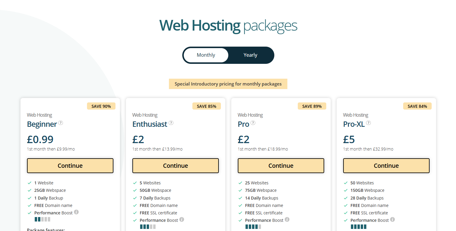 screenshot of Names.co.uk Web Hosting packages