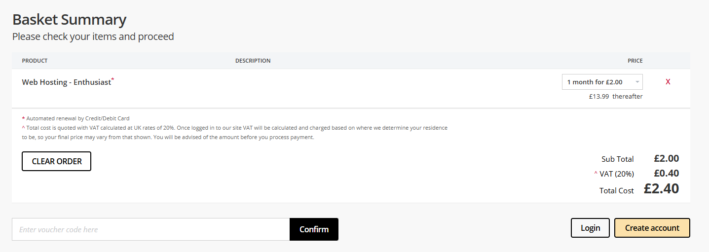 screenshot of Names.co.uk Basket Summary