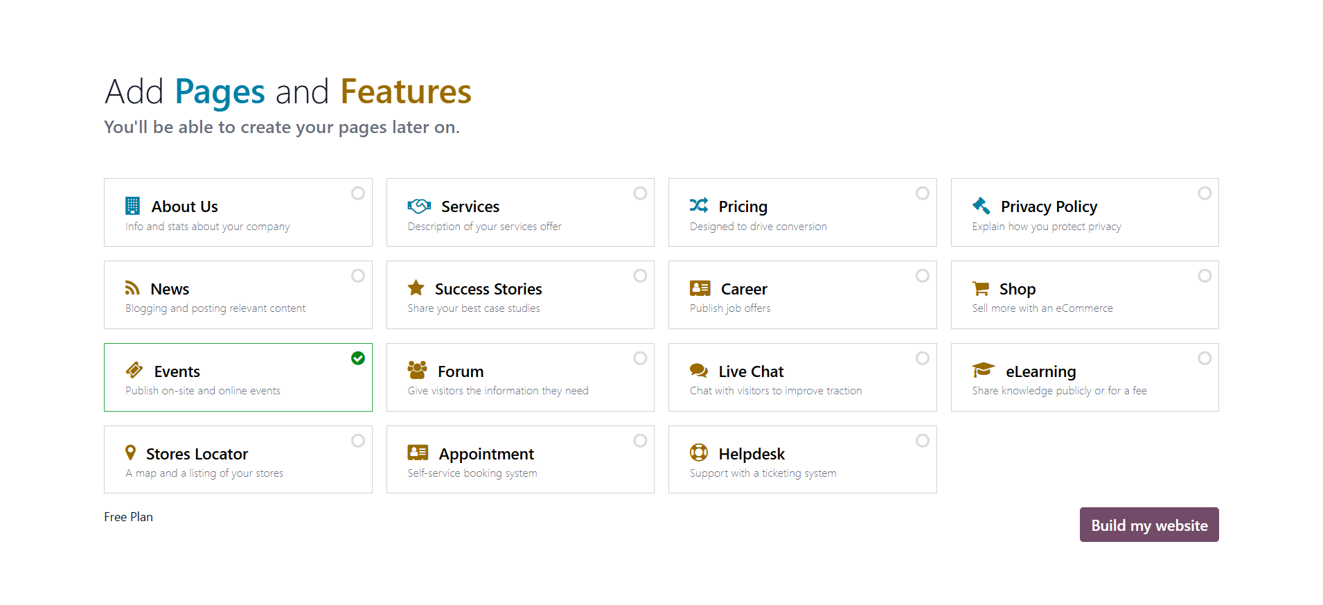 screenshot of Odoo 'Add Pages and Features' tab