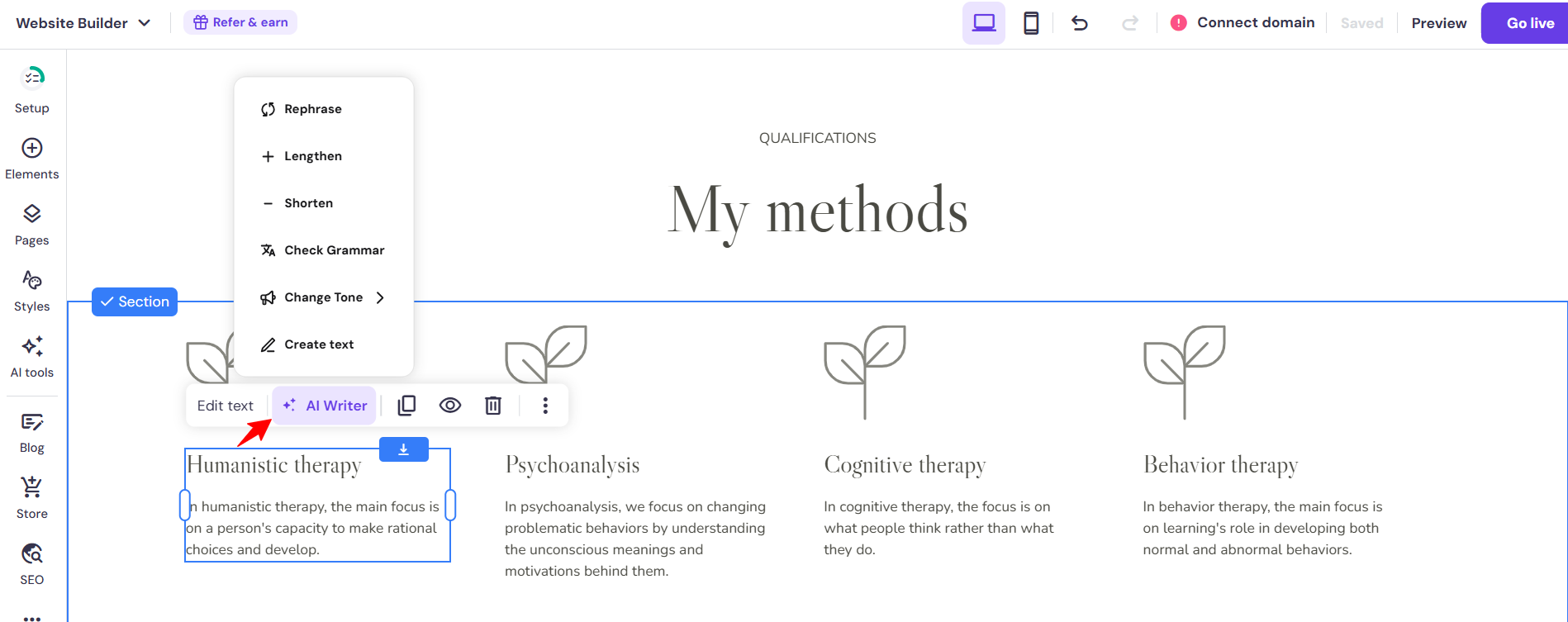 screenshot of Hostinger AI text writer