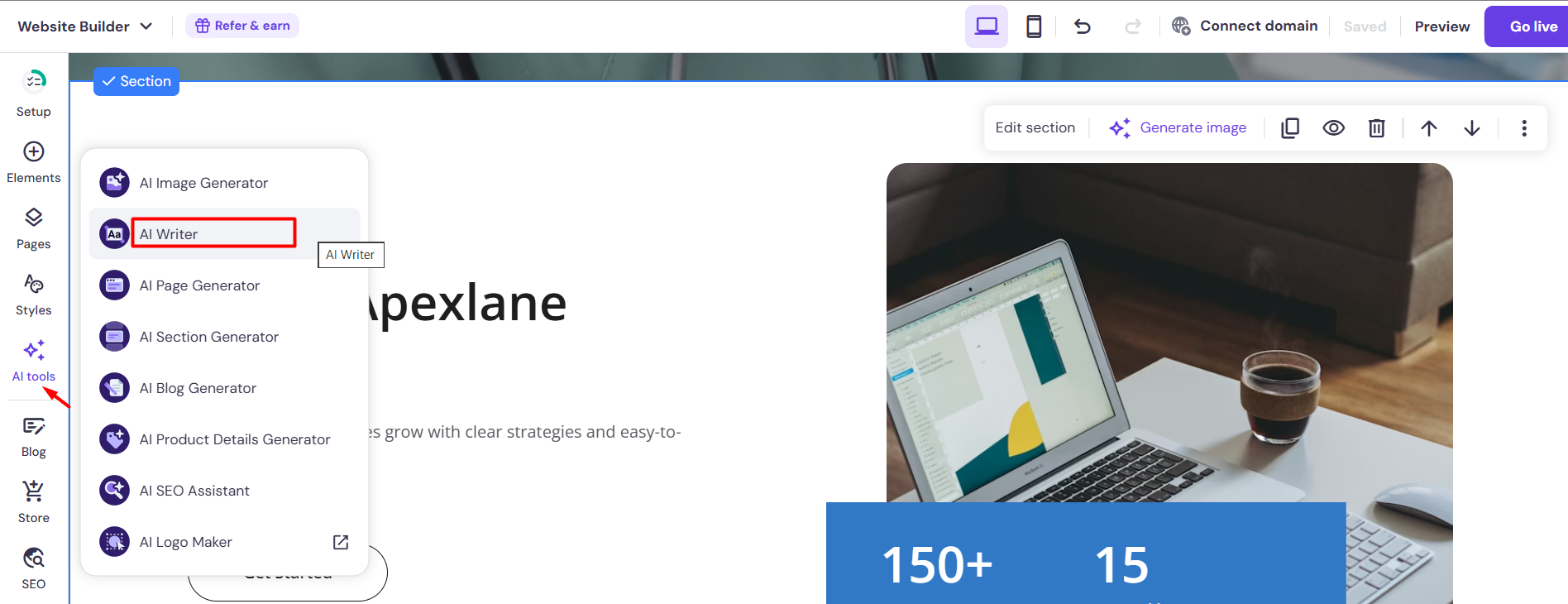 screenshot of Hostinger Website Builder with highlighted the AI Writer button