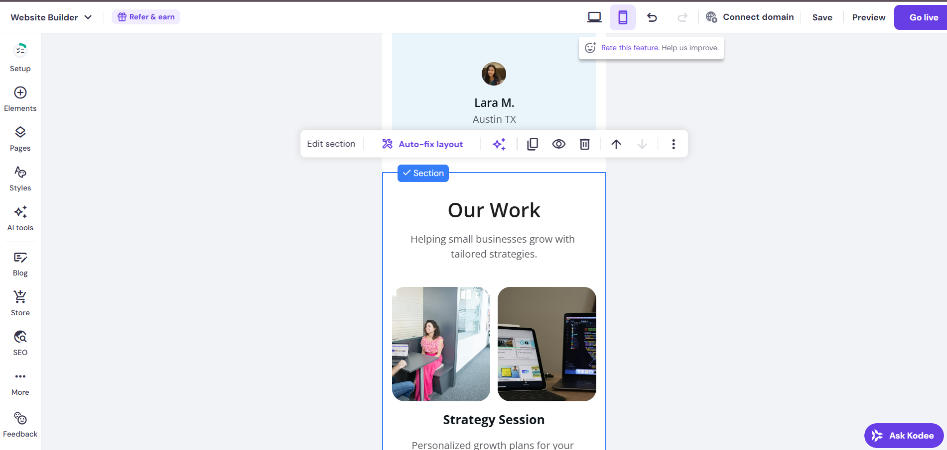 screenshot of Hostinger Website Builder 'Mobile View' button