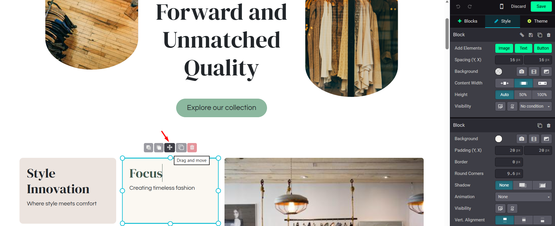 screenshot of Odoo Website Builder with the 'Drag & Move' option highlighted