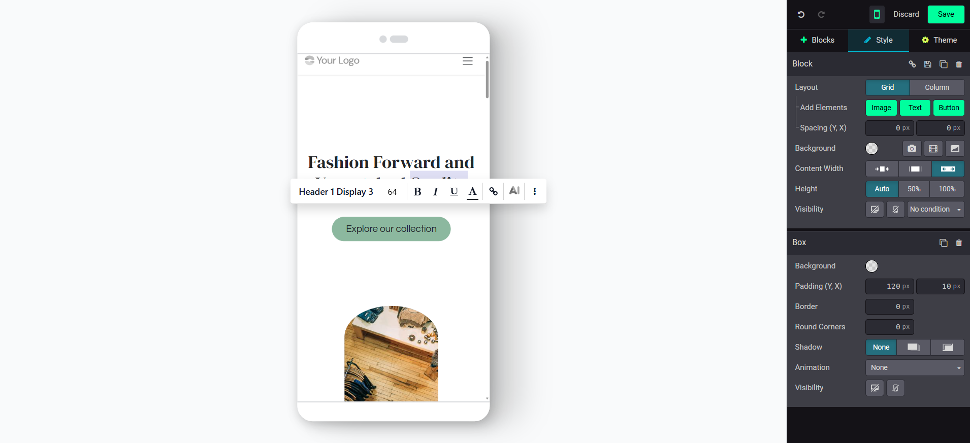 screenshot of Odoo Website Builder 'Mobile View' editor