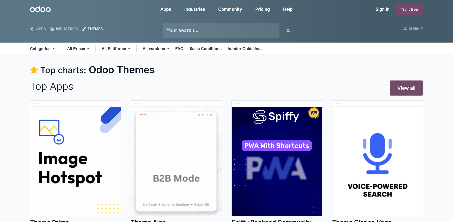 screenshot of Odoo website 'Top Apps' page
