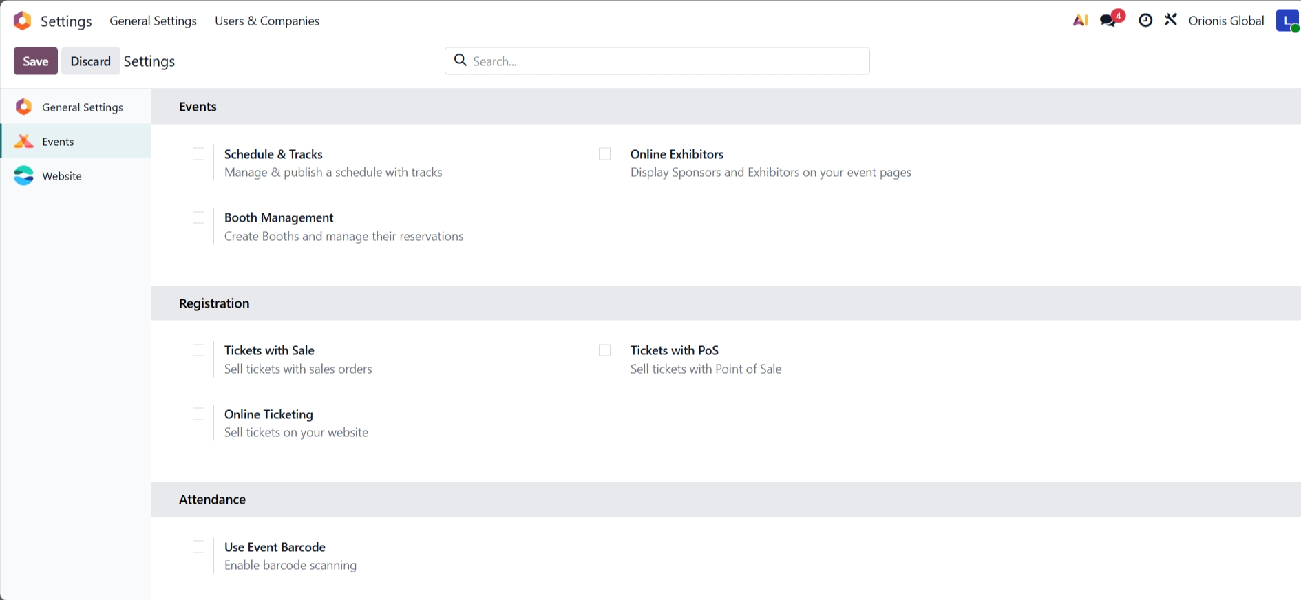 screenshot of Odoo 'Events' tab