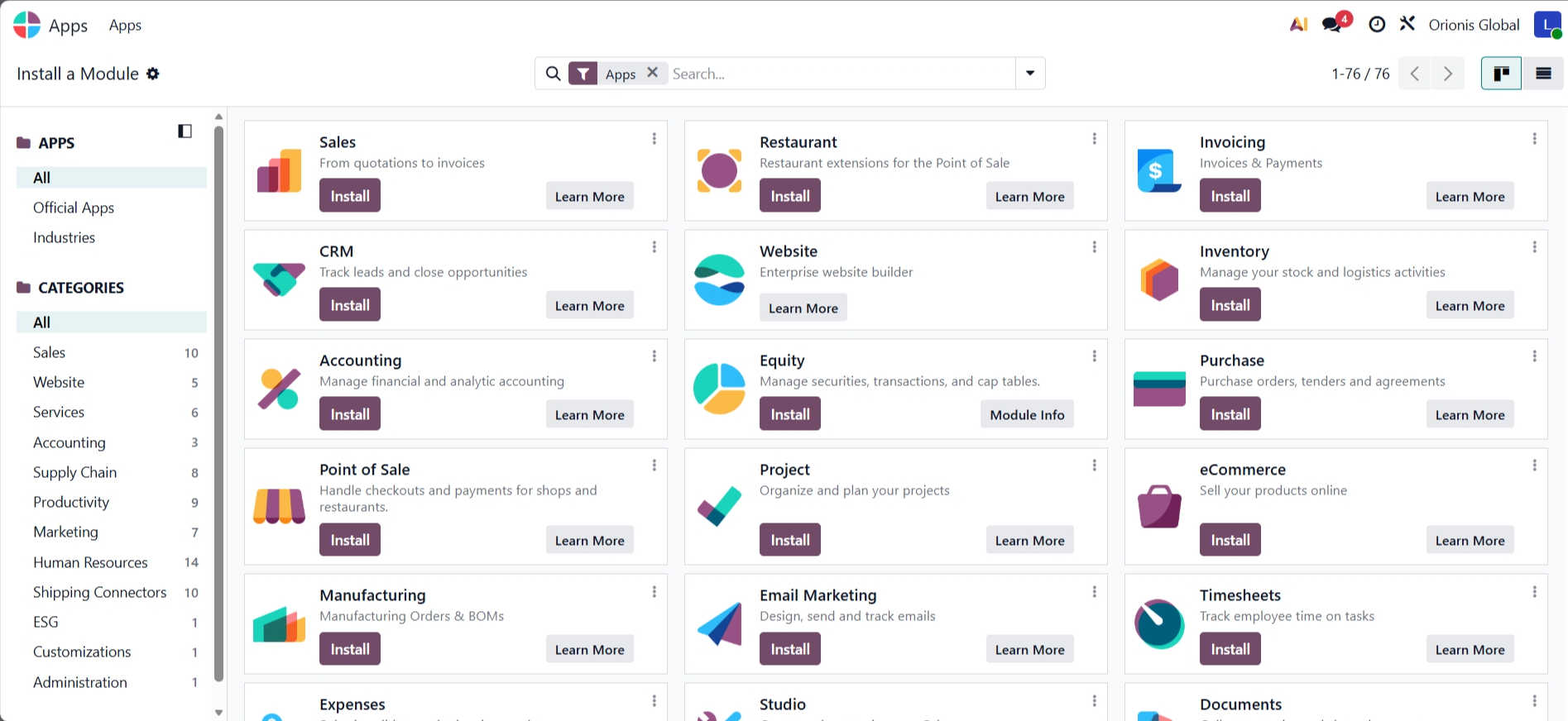 screenshot of Odoo 'Apps' tab