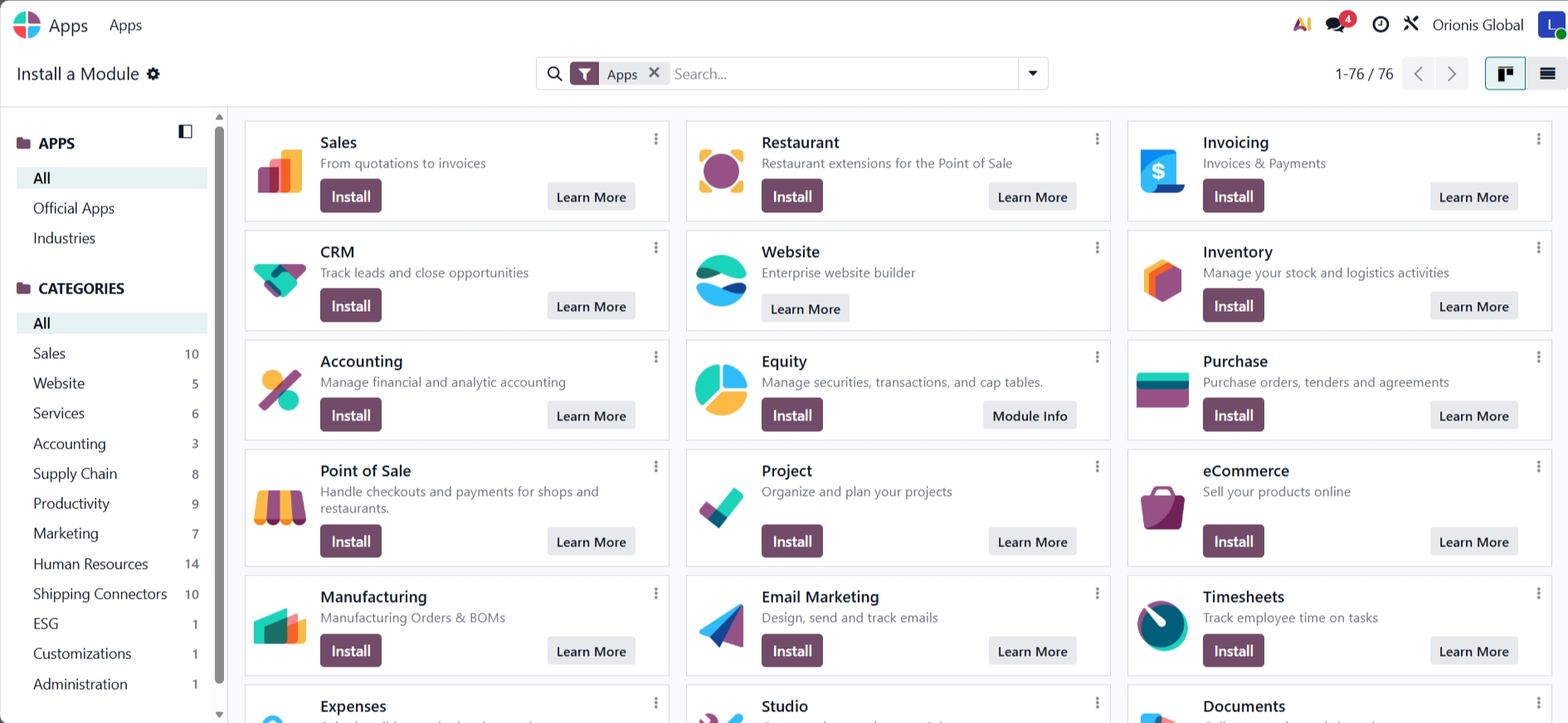 screenshot of Oddo 'Apps' tab