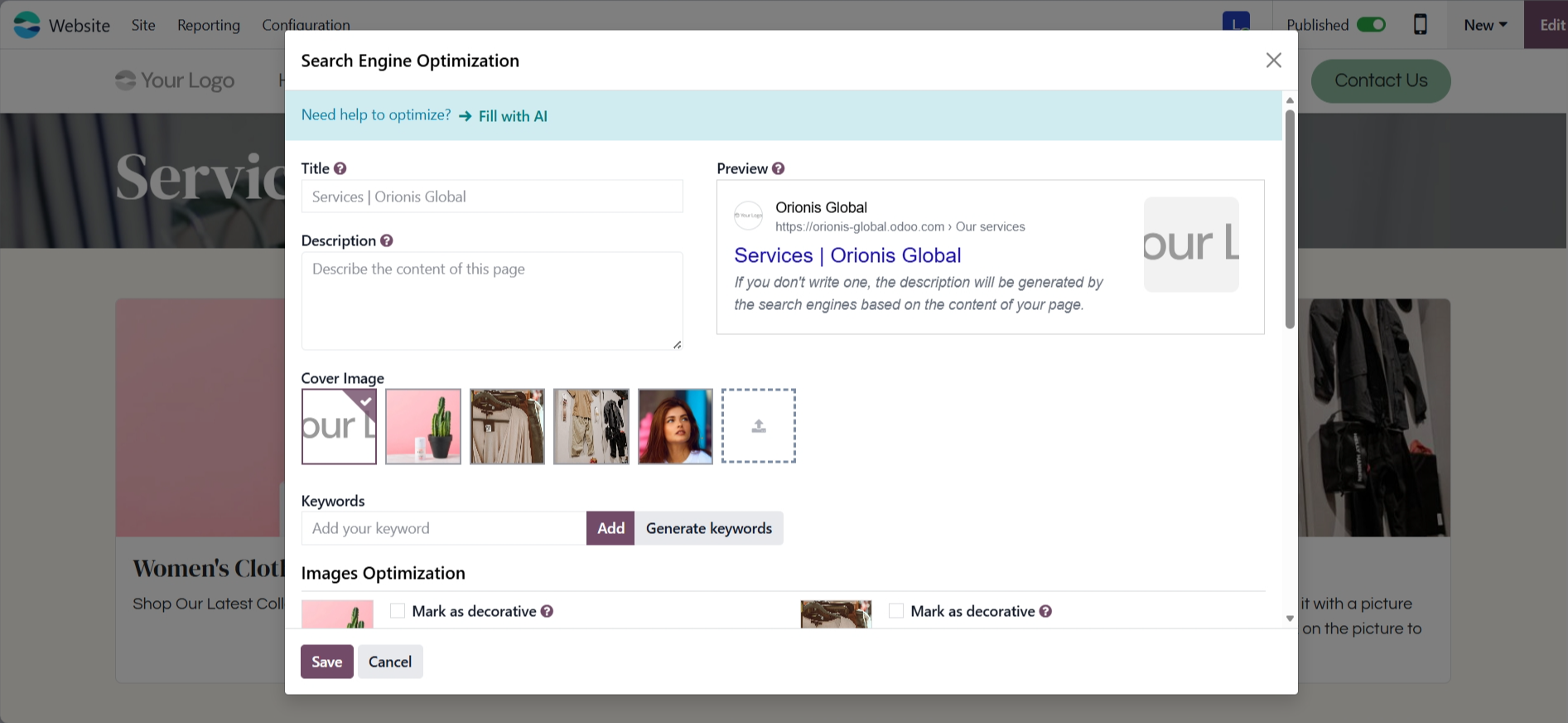 screenshot of Oddo 'SEO' window