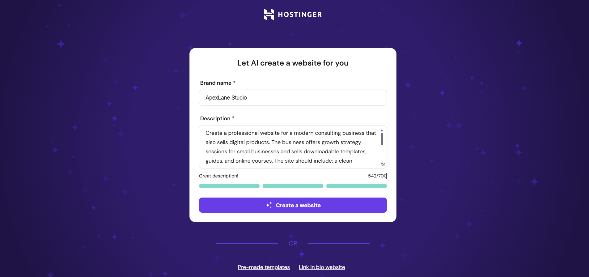 screenshot of Hostinger AI Website Builder