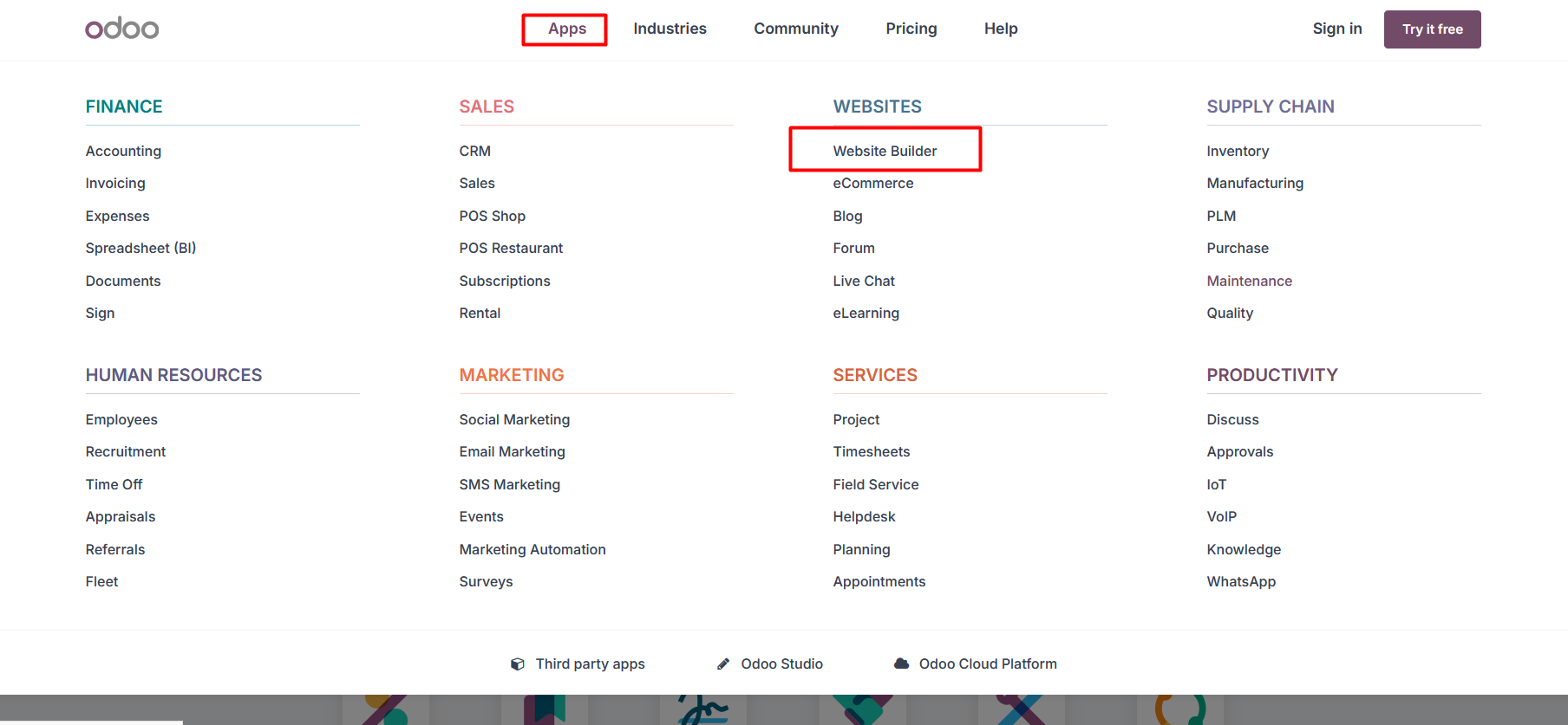 screenshot of Odoo website 'Website Builder