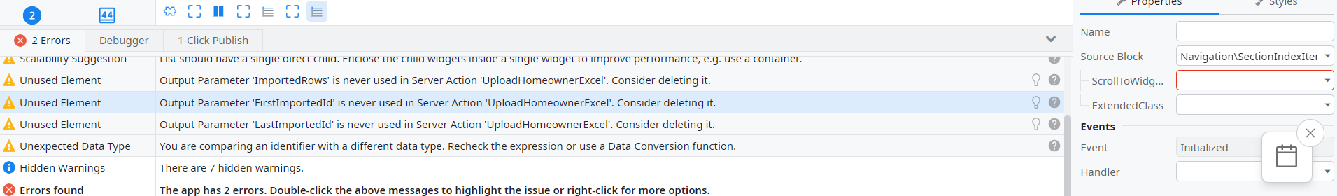 screenshot of ODC Studio errors
