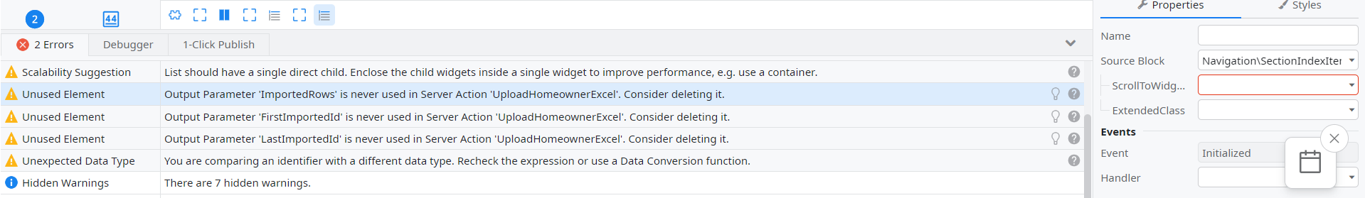 screenshot of ODC Studio errors