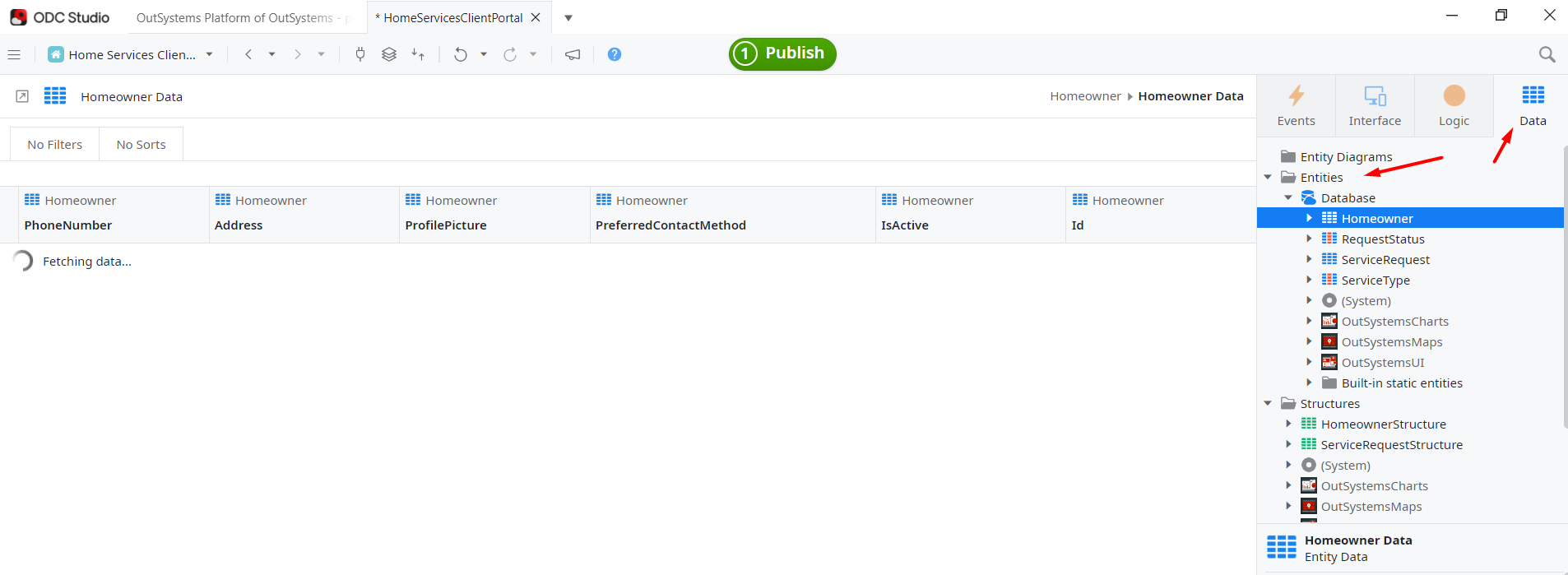 screenshot of ODC Studio 'Data' tab