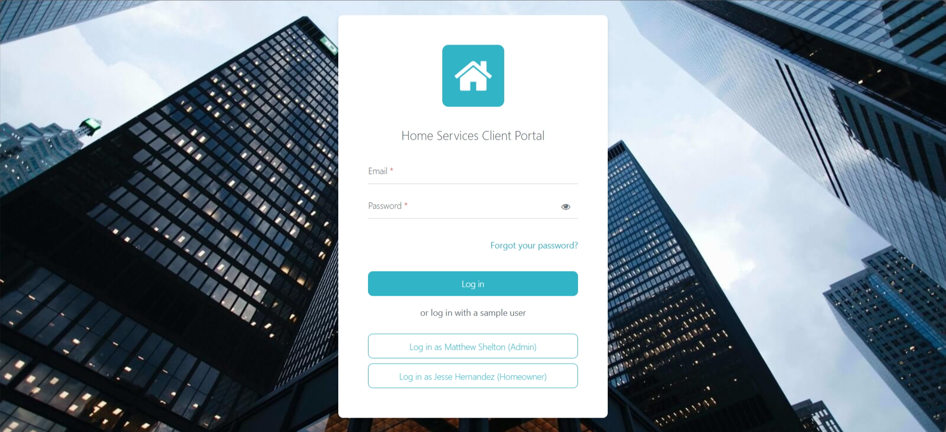 screenshot of 'Home Services Client Portal' login window
