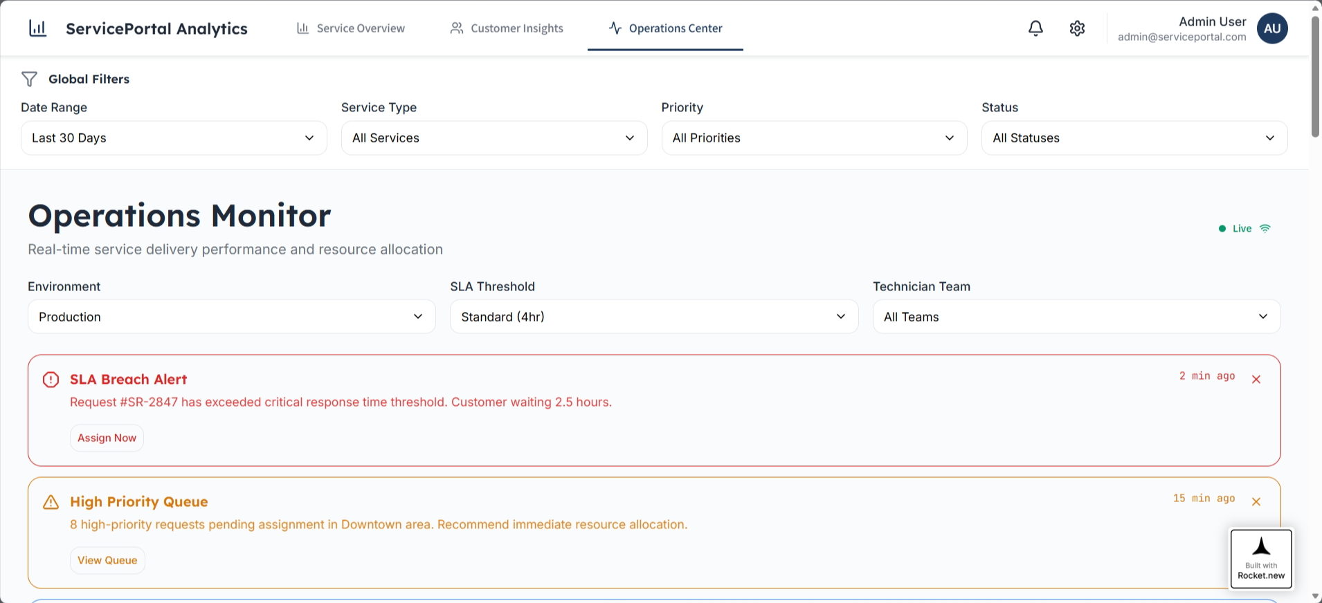 screenshot of Rocket.new Project Alerts