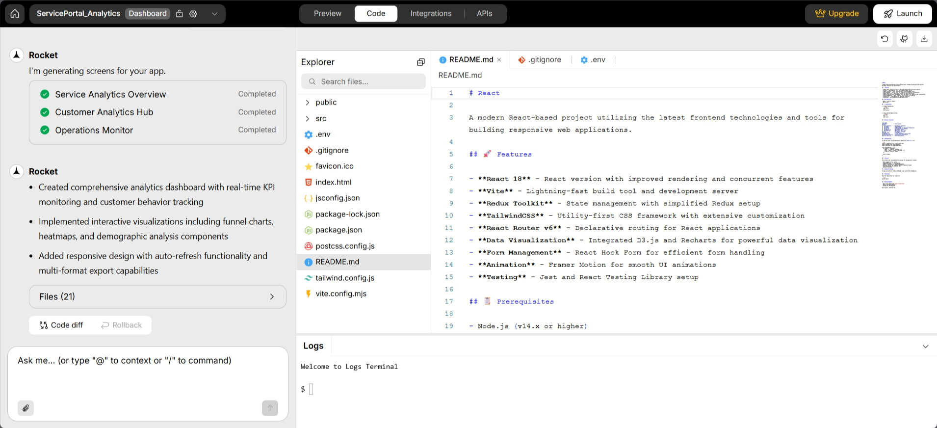 screenshot of Rocket.new Code window