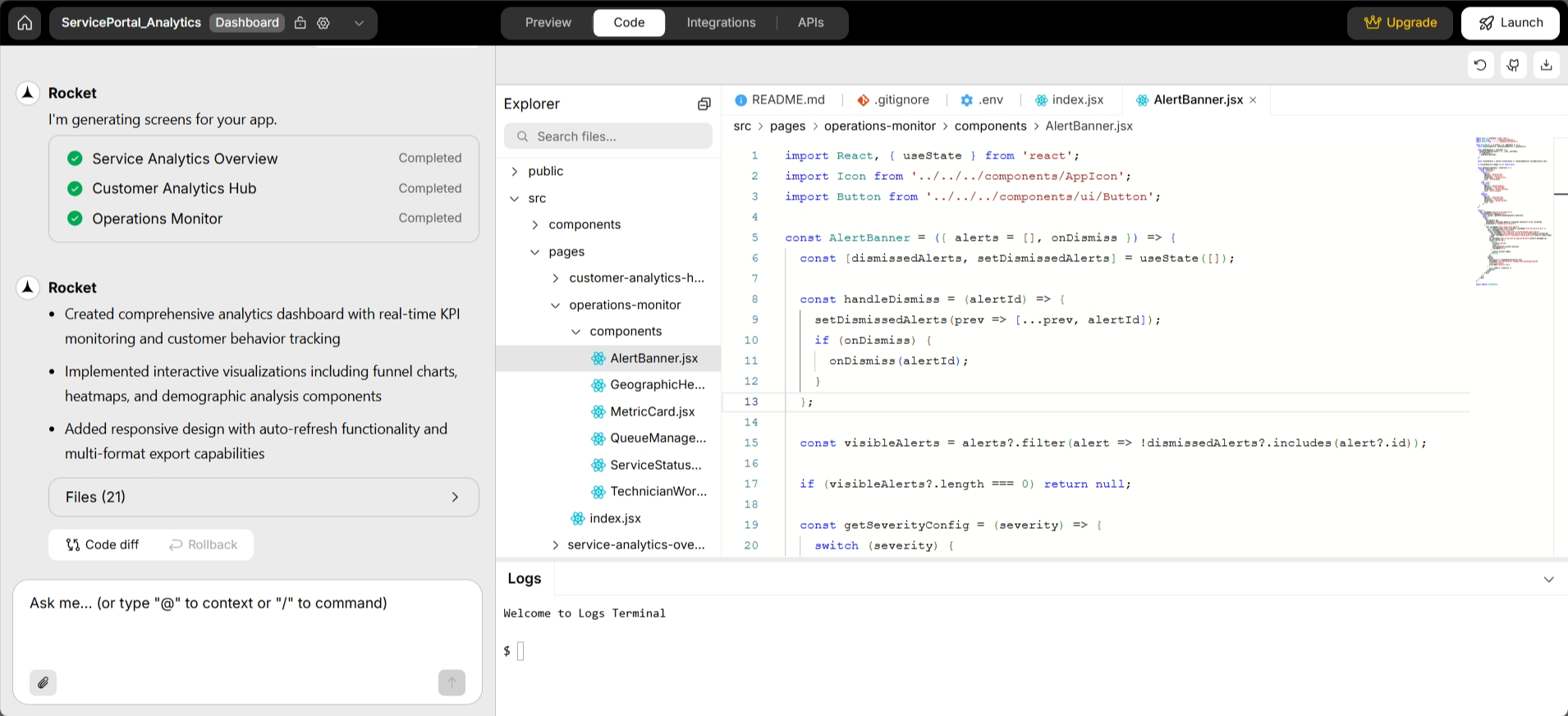 screenshot of Rocket.new Code window