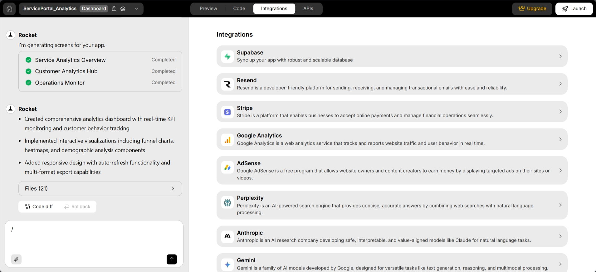 screenshot of Rocket.new 'Integrations' tab