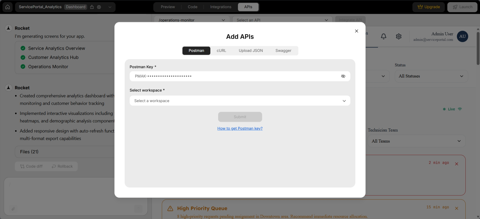 screenshot of Rocket.new 'Add APIs' window