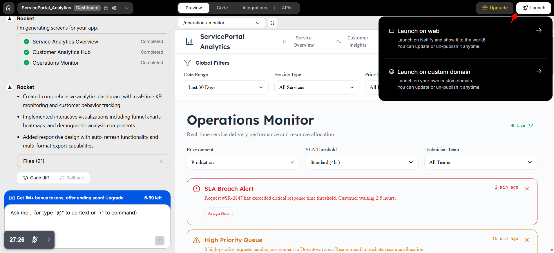 screenshot of Rocket.new Project preview