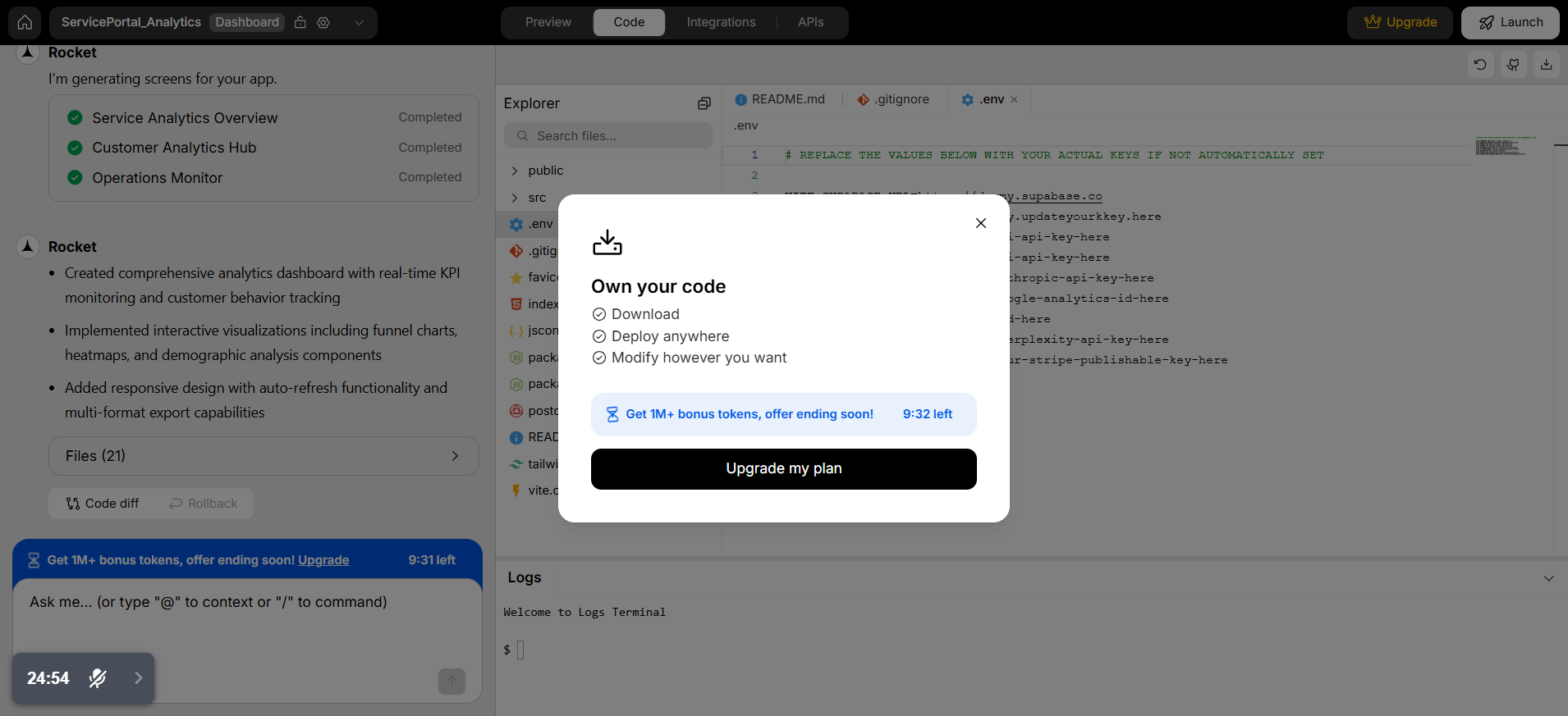 screenshot of Rocket.new Plan Upgrade window