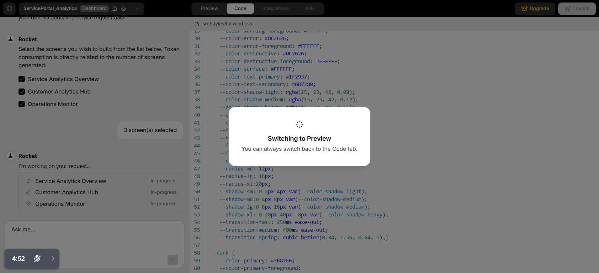 screenshot of Rocket.new switching to Preview
