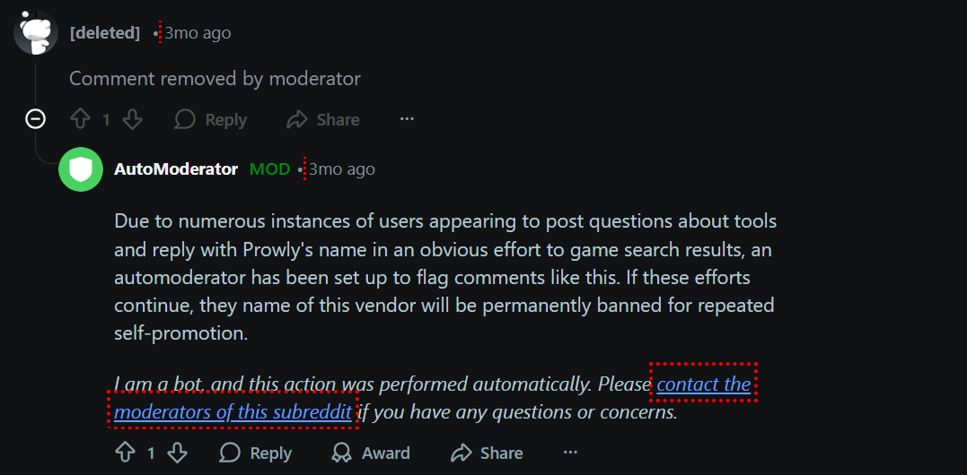 Example of a brand being flagged for spam on Reddit