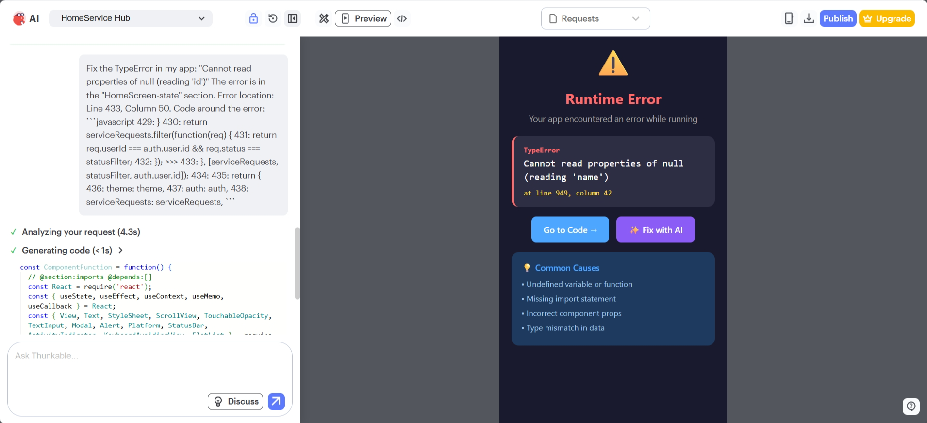screenshot of fixing Runtime Error by chat