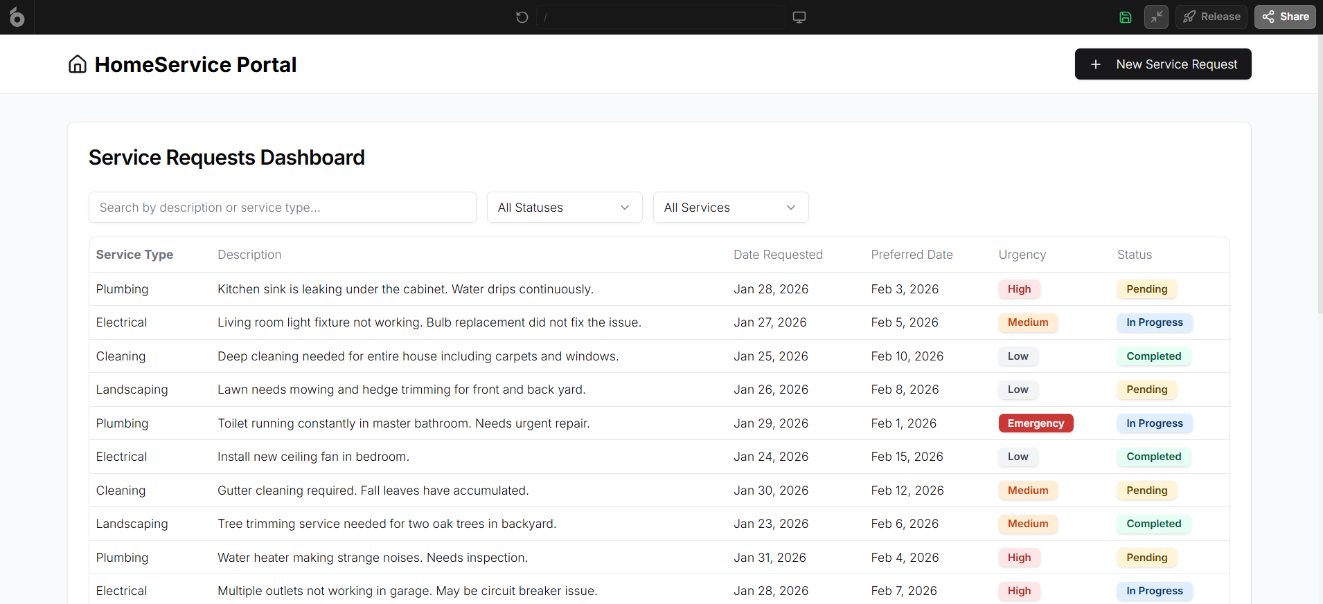 screenshot of UI Bakery Service Requests Dashboard