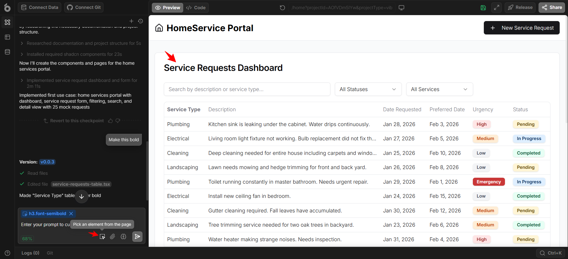 screenshot of UI Bakery Service Requests Dashboard