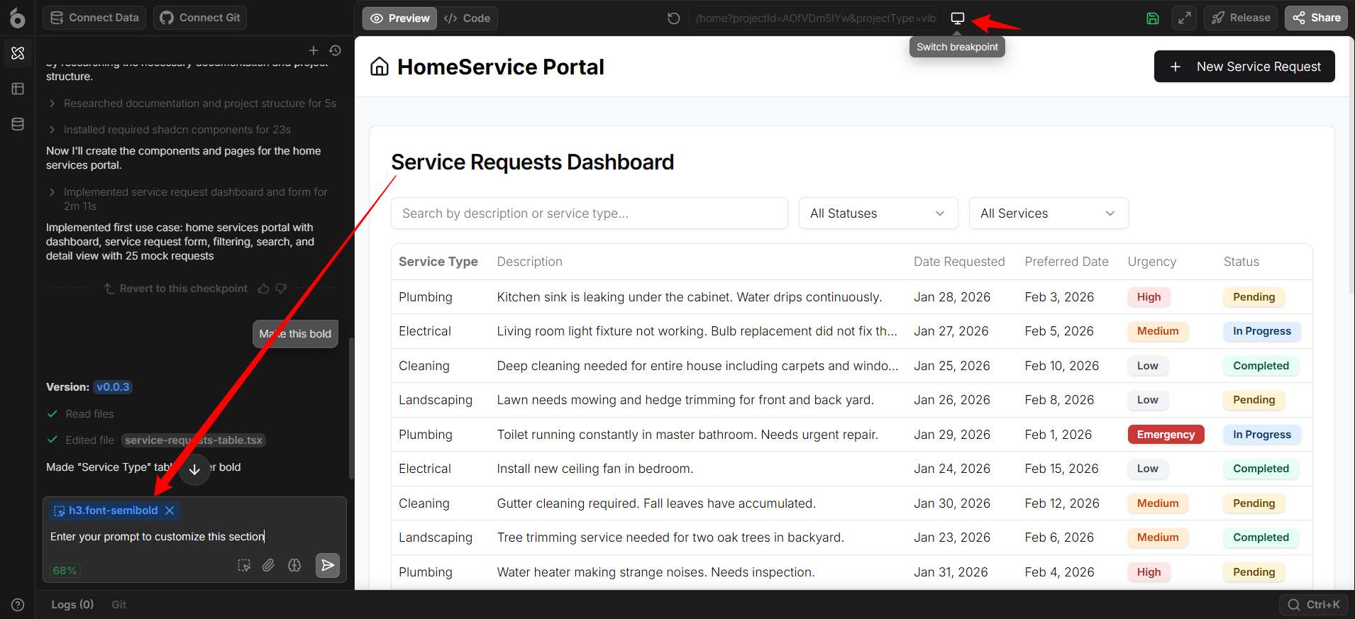 screenshot of UI Bakery Service Requests Dashboard