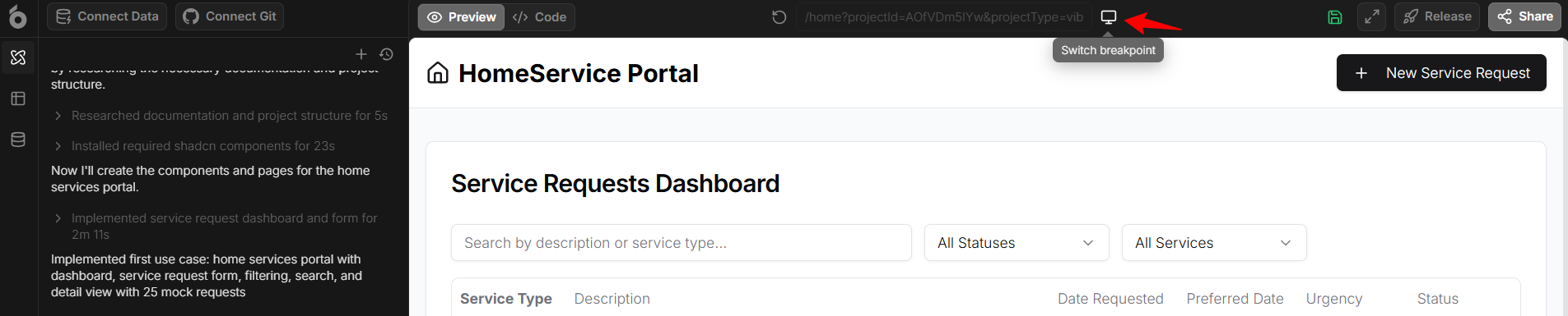 screenshot of UI Bakery chat 'switch breakpoint' button highlighted
