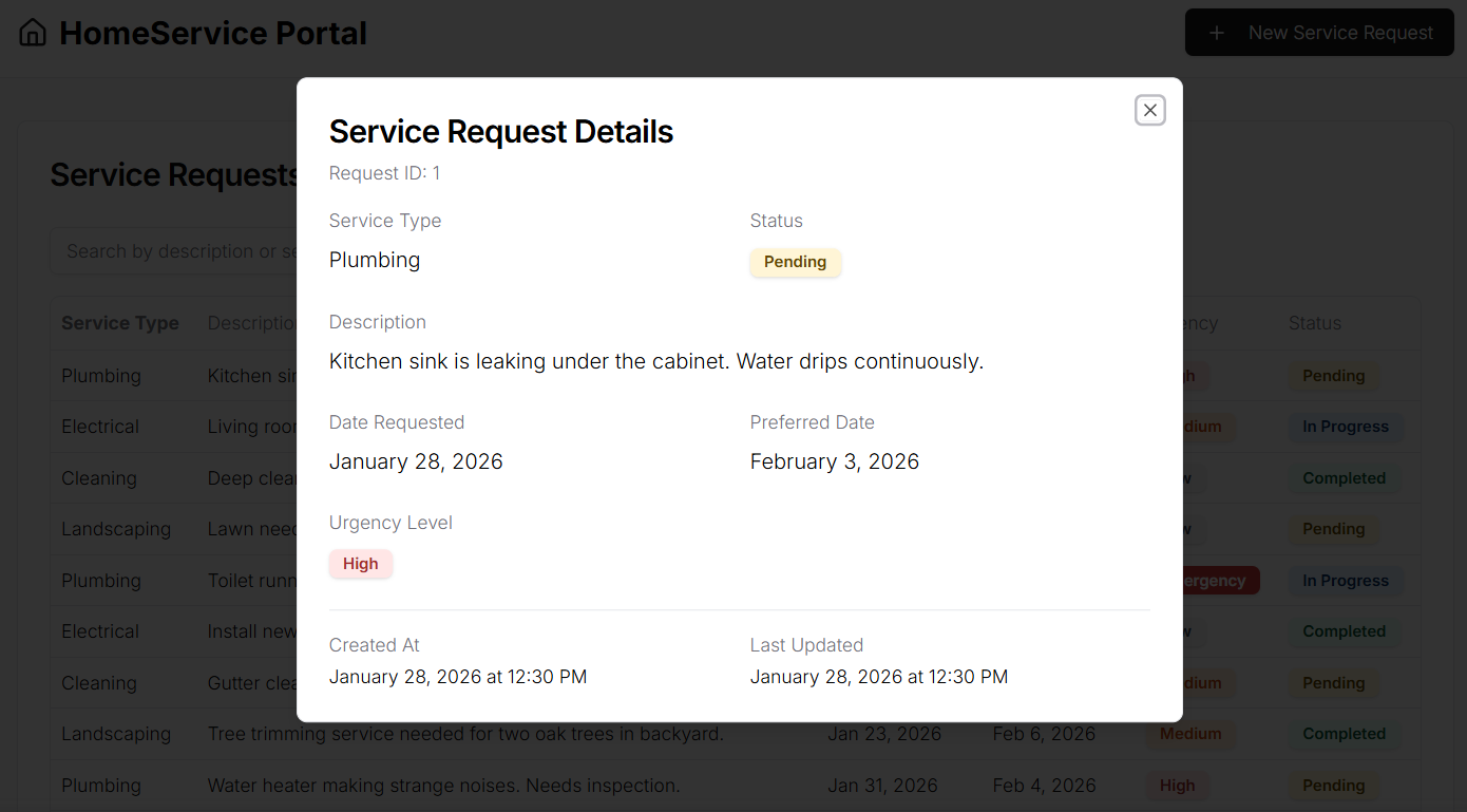 screenshot of Service Request Details