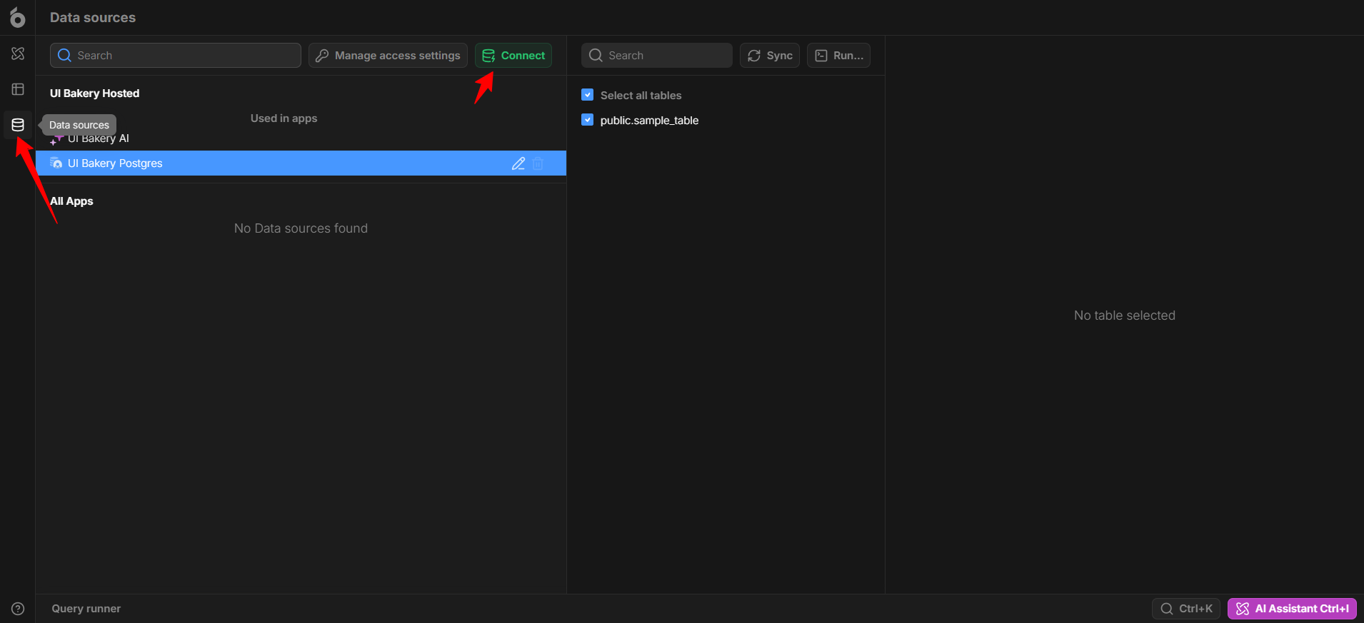 Screenshot of UI Bakery Data Source page with the 'Connect' button highlighted