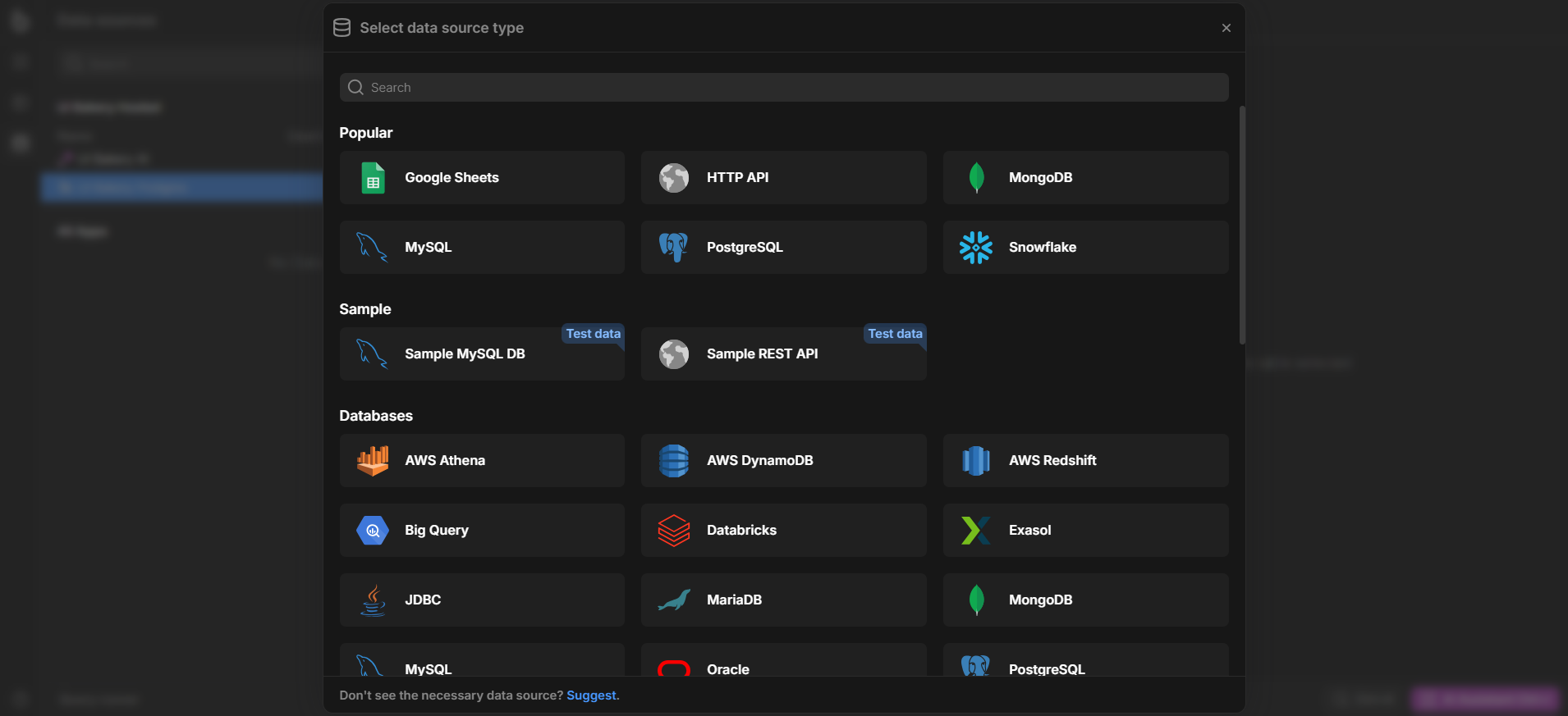 Screenshot of UI Bakery Data Source types