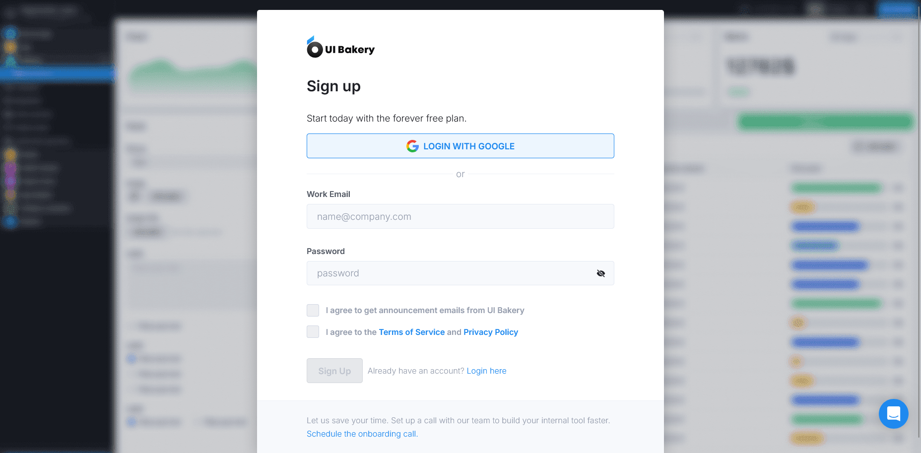 screenshot of UI Bakery Sign Up page