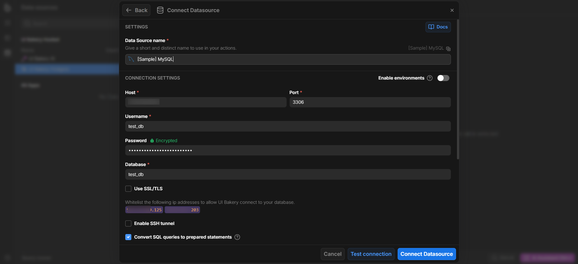 Screenshot of UI Bakery 'Connect Datasource' tab