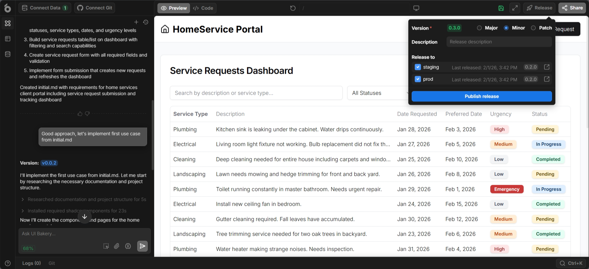 Screenshot of UI Bakery 'Publish Release' window