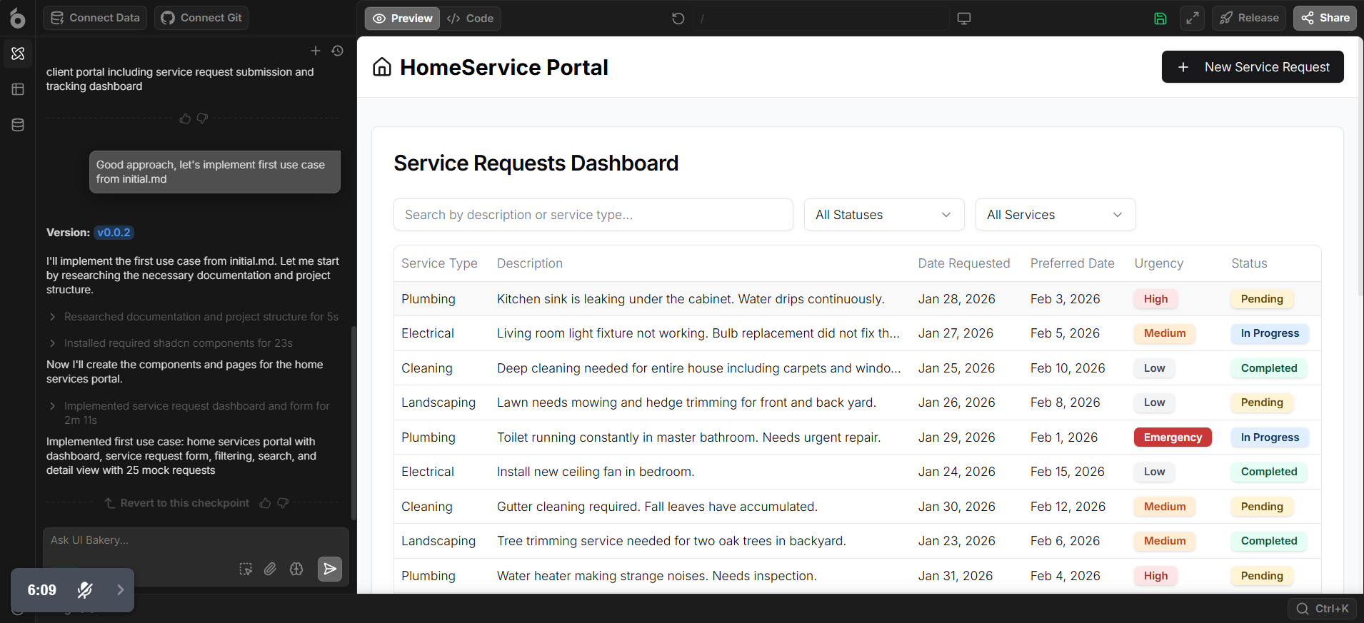 screenshot of UI Bakery Service Requests Dashboard