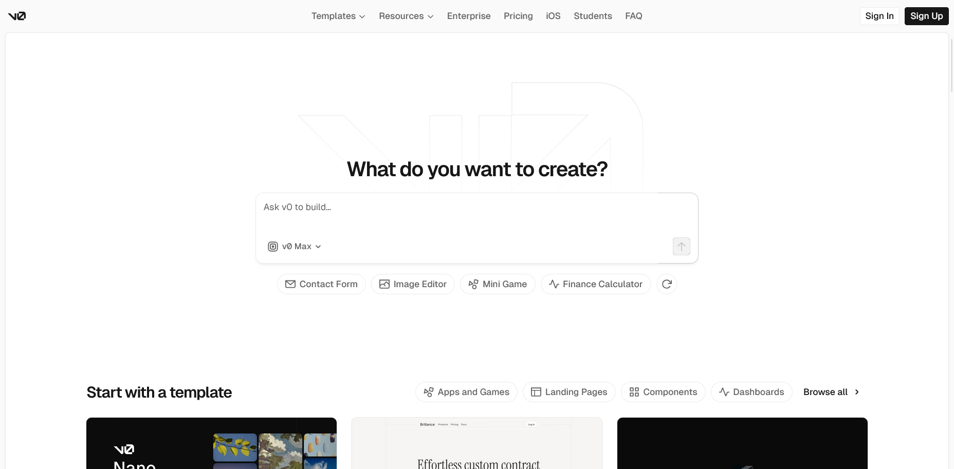 screenshot of v0 website