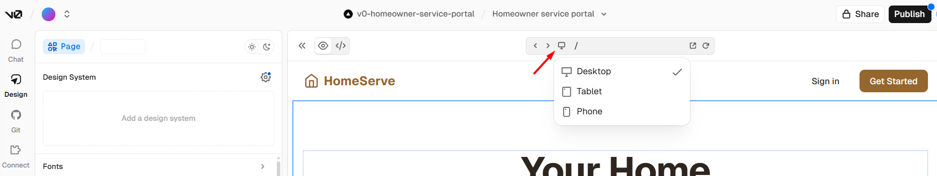 screenshot of v0 view options