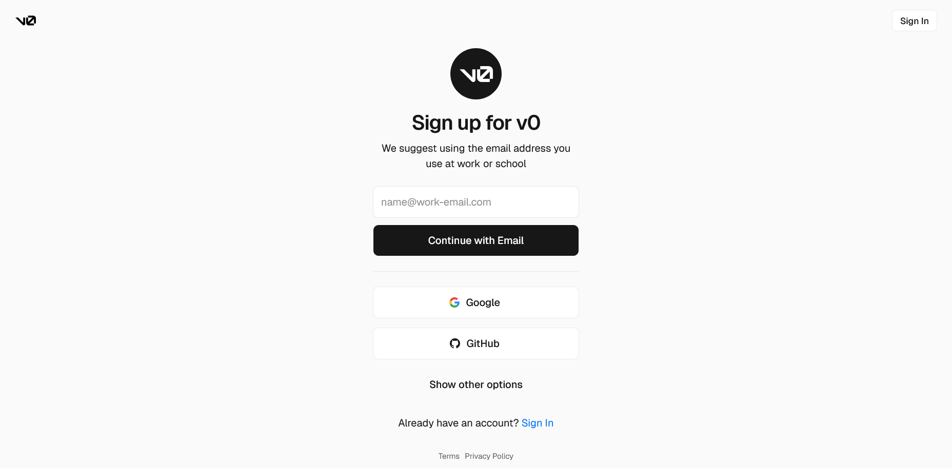 screenshot of v0 Sign Up window