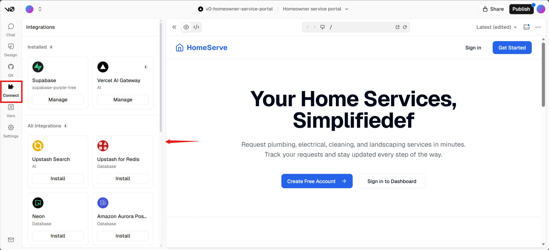 screenshot of v0 builder 'Connect' button