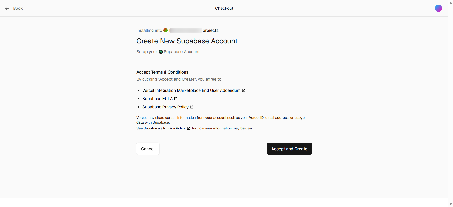 screenshot of Creating New Supabase account page
