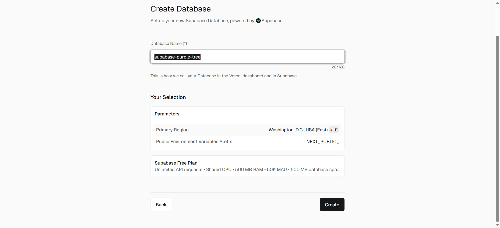 screenshot of Creating New Database