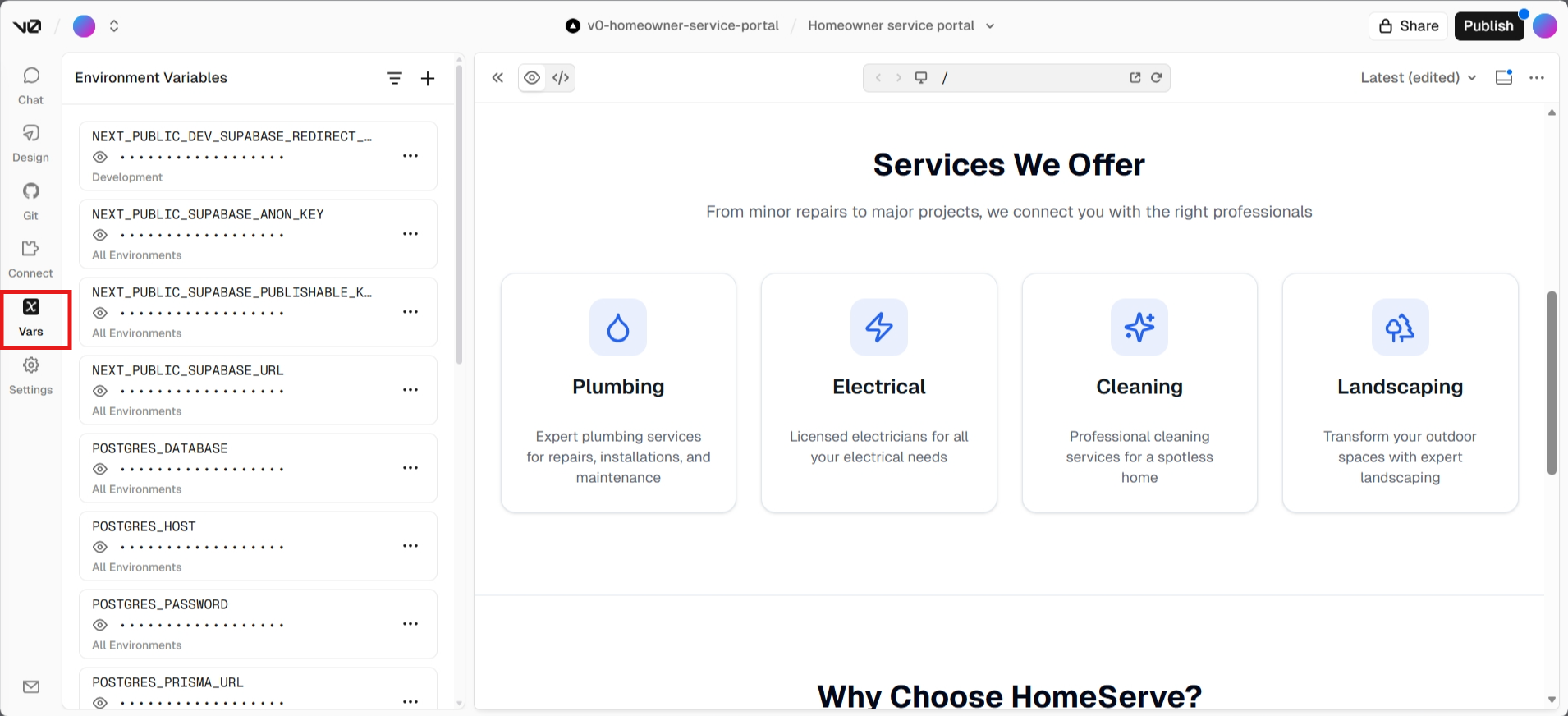 screenshot of v0 builder 'Vars' button